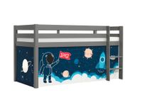 Halbhohes Bett PINO, mit Textilset "Space Shuttle", Ausf. Kiefer massiv grau lackiert