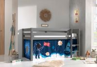 Halbhohes Bett PINO, mit Textilset "Space Shuttle", Ausf. Kiefer massiv grau lackiert