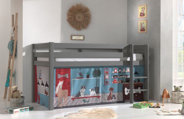 Halbhohes Bett PINO, mit Textilset "Pet Shop", Ausf. Kiefer massiv grau lackiert