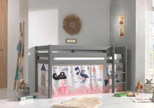Halbhohes Bett PINO, mit Textilset "Princess Sophie", Ausf. Kiefer massiv grau lackiert