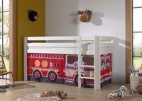 Halbhohes Bett PINO, mit Textilset "FIRE RESCUE", Ausf. Kiefer massiv weiß lackiert