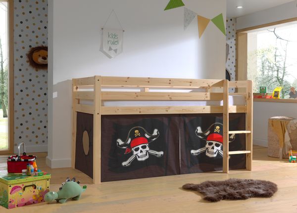 Halbhohes Bett PINO, mit Textilset "Caribian Pirate", Ausf. Kiefer massiv natur lackiert