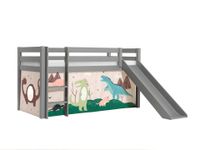 Halbhohes Bett PINO, mit Rutsche und Textilset "Dino", Ausf. Kiefer massiv grau lackiert