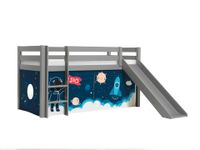 Halbhohes Bett PINO, mit Rutsche und Textilset "Space Shuttle", Ausf. Kiefer massiv grau lackiert