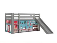 Halbhohes Bett PINO, mit Rutsche und Textilset "Pet Shop", Ausf. Kiefer massiv grau lackiert