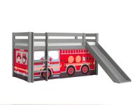 Halbhohes Bett PINO, mit Rutsche und Textilset "FIRE RESCUE", Ausf. Kiefer massiv grau lackiert