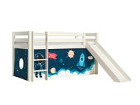 Halbhohes Bett PINO, mit Rutsche und Textilset "Space Shuttle", Ausf. Kiefer massiv weiß lackiert