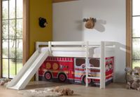 Halbhohes Bett PINO, mit Rutsche und Textilset "FIRE RESCUE", Ausf. Kiefer massiv weiß lackiert