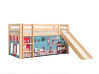 Halbhohes Bett PINO, mit Rutsche und Textilset "Pet Shop", Ausf. Kiefer massiv natur lackiert