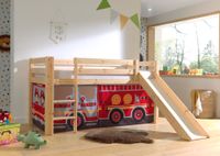 Halbhohes Bett PINO, mit Rutsche und Textilset "FIRE RESCUE", Ausf. Kiefer massiv natur lackiert