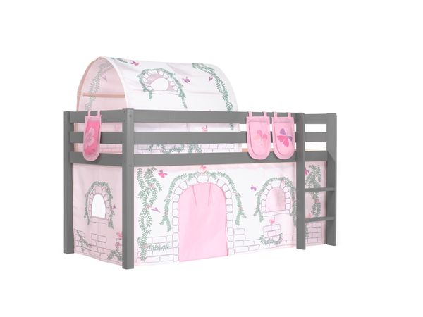 Spielbett Pino mit Textilset Vorhang, Tunnel 3 Taschen "Birdy", Kiefer massiv grau lackiert