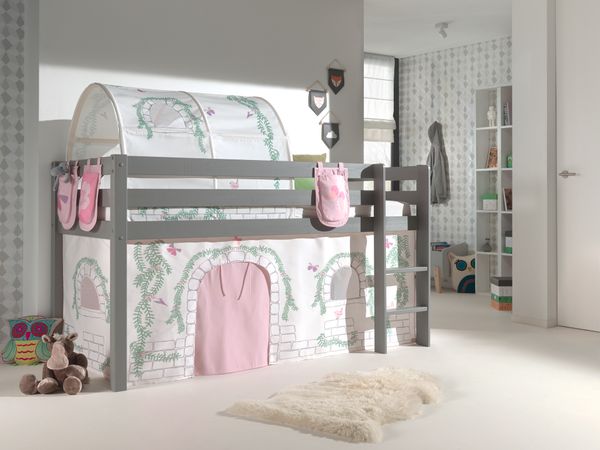 Spielbett Pino mit Textilset Vorhang, Tunnel 3 Taschen "Birdy", Kiefer massiv grau lackiert