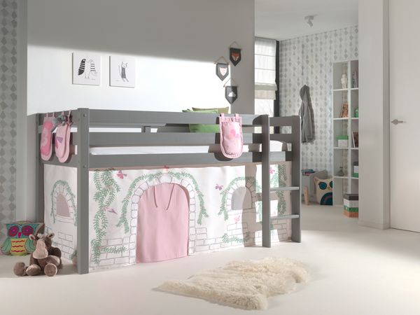 Spielbett Pino mit Textilset Vorhang und 3 Taschen "Birdy", Ausf. Kiefer massiv grau lackiert