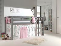 Spielbett Pino mit Textilset Vorhang und 3 Taschen "Birdy", Ausf. Kiefer massiv grau lackiert