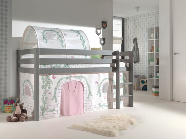 Spielbett Pino mit Textilset Vorhang und Tunnel "Birdy", Ausf. Kiefer massiv grau lackiert