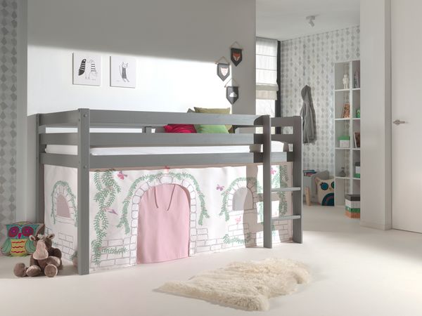 Spielbett Pino mit Textilset Vorhang "Birdy", Ausf. Kiefer massiv grau lackiert