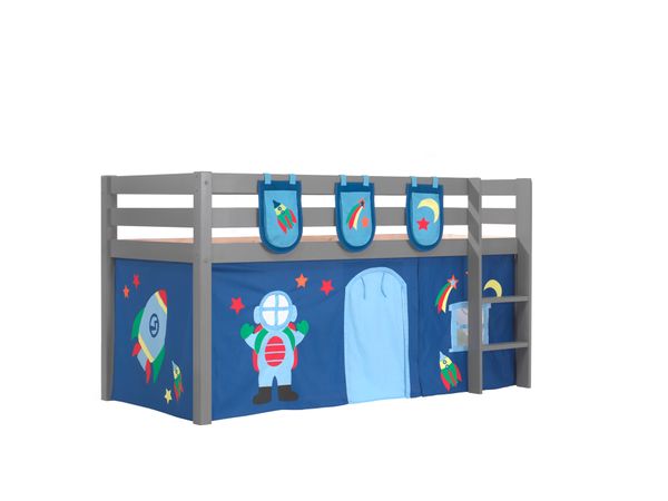 Spielbett Pino mit Textilset Vorhang und 3 Taschen "Astro", Ausf. Kiefer massiv grau lackiert