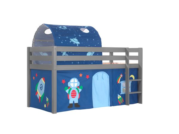Spielbett Pino mit Textilset Vorhang und Tunnel "Astro", Ausf. Kiefer massiv grau lackiert