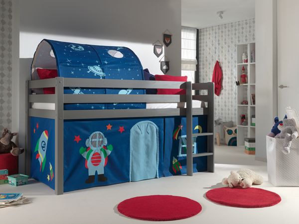 Spielbett Pino mit Textilset Vorhang und Tunnel "Astro", Ausf. Kiefer massiv grau lackiert