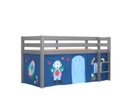 Spielbett Pino mit Textilset Vorhang "Astro", Ausf. Kiefer massiv grau lackiert