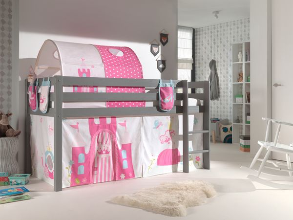 Spielbett Pino mit Textilset Vorhang, Tunnel 3 Taschen "Princes", Kiefer massiv grau lackiert