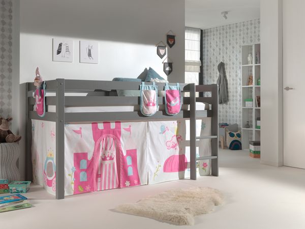 Spielbett Pino mit Textilset Vorhang und 3 Taschen "Princes", Ausf. Kiefer massiv grau lackiert