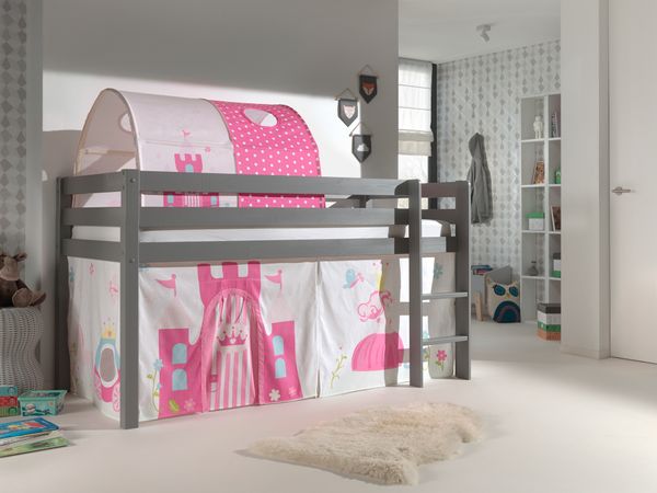 Spielbett Pino mit Textilset Vorhang und Tunnel "Princes", Ausf. Kiefer massiv grau lackiert