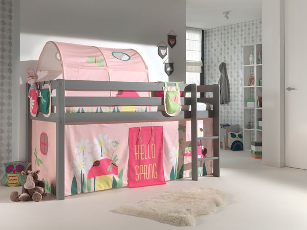 Spielbett Pino mit Textilset Vorhang, Tunnel 3 Taschen "Spring", Kiefer massiv grau lackiert