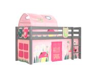 Spielbett Pino mit Textilset Vorhang, Tunnel 3 Taschen "Spring", Kiefer massiv grau lackiert