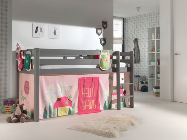 Spielbett Pino mit Textilset Vorhang und 3 Taschen "Spring", Ausf. Kiefer massiv grau lackiert