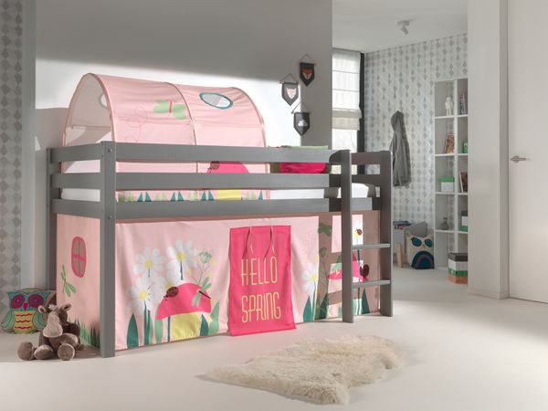 Spielbett Pino mit Textilset Vorhang und Tunnel "Spring", Ausf. Kiefer massiv grau lackiert