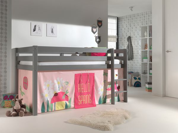 Spielbett Pino mit Textilset Vorhang "Spring", Ausf. Kiefer massiv grau lackiert