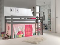 Spielbett Pino mit Textilset Vorhang "Spring", Ausf. Kiefer massiv grau lackiert