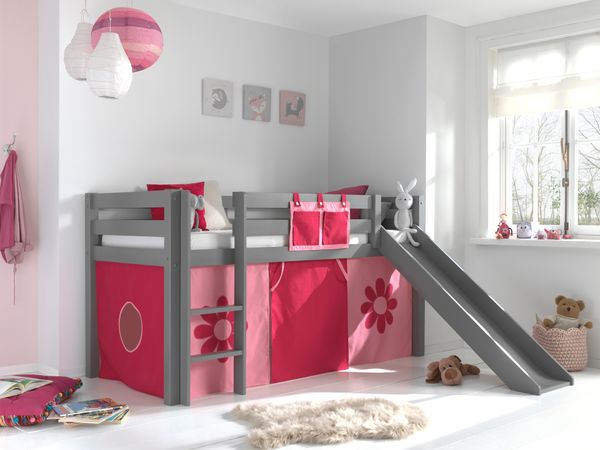 Spielbett Pino mit Rutsche und Textilset "Pink Flower", Ausf. Kiefer massiv grau lackiert