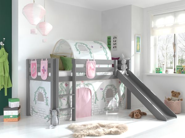 Spielbett Pino inkl. Rutsche mit Textilset Vorhang, Tunnel 3 Taschen "Birdy", Kiefer grau lackiert
