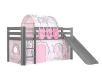 Spielbett Pino inkl. Rutsche mit Textilset Vorhang, Tunnel 3 Taschen "Birdy", Kiefer grau lackiert