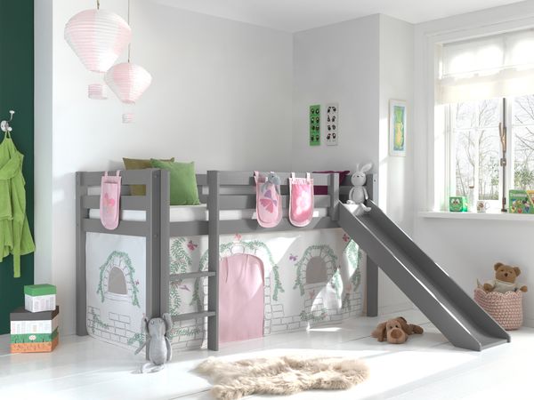 Spielbett Pino inkl. Rutsche mit Textilset Vorhang 3 Taschen "Birdy", Kiefer massiv grau lackiert