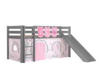 Spielbett Pino inkl. Rutsche mit Textilset Vorhang 3 Taschen "Birdy", Kiefer massiv grau lackiert