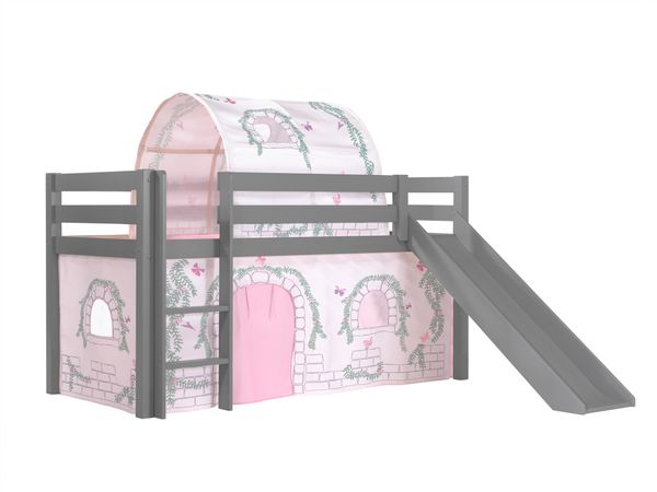 Spielbett Pino inkl. Rutsche mit Textilset Vorhang  Tunnel "Birdy", Kiefer massiv grau lackiert