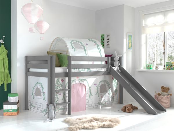 Spielbett Pino inkl. Rutsche mit Textilset Vorhang  Tunnel "Birdy", Kiefer massiv grau lackiert
