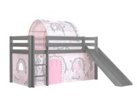 Spielbett Pino inkl. Rutsche mit Textilset Vorhang  Tunnel "Birdy", Kiefer massiv grau lackiert