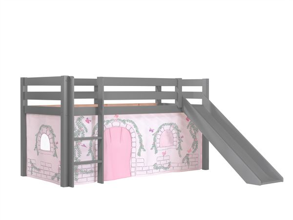 Spielbett Pino inkl. Rutsche mit Textilset Vorhang "Birdy", Ausf. Kiefer massiv grau lackiert