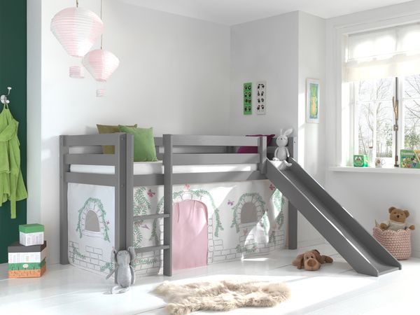 Spielbett Pino inkl. Rutsche mit Textilset Vorhang "Birdy", Ausf. Kiefer massiv grau lackiert