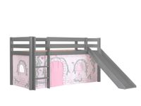 Spielbett Pino inkl. Rutsche mit Textilset Vorhang "Birdy", Ausf. Kiefer massiv grau lackiert