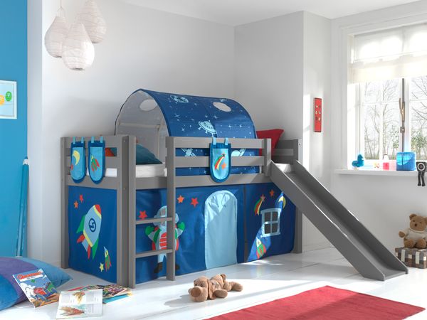 Spielbett Pino inkl. Rutsche mit Textilset Vorhang, Tunnel 3 Taschen "Astro", Kiefer grau lackiert