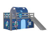 Spielbett Pino inkl. Rutsche mit Textilset Vorhang, Tunnel 3 Taschen "Astro", Kiefer grau lackiert