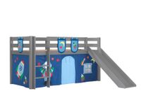 Spielbett Pino inkl. Rutsche mit Textilset Vorhang 3 Taschen "Astro", Kiefer massiv grau lackiert