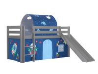 Spielbett Pino inkl. Rutsche mit Textilset Vorhang  Tunnel "Astro", Kiefer massiv grau lackiert