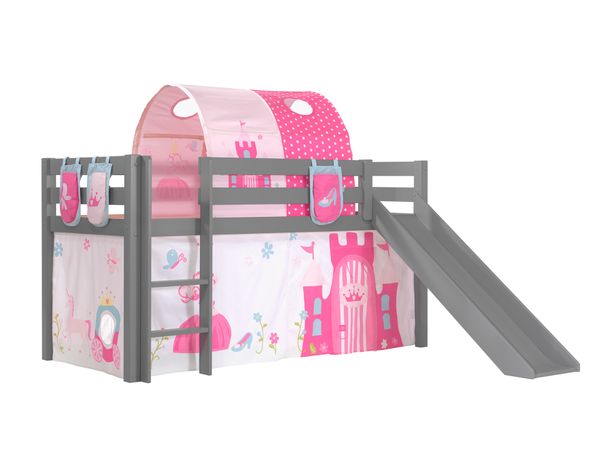 Spielbett Pino mit Rutsche mit Textilset Vorhang, Tunnel 3 Taschen "Princes", Kiefer grau lackiert