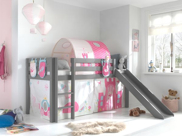 Spielbett Pino mit Rutsche mit Textilset Vorhang, Tunnel 3 Taschen "Princes", Kiefer grau lackiert